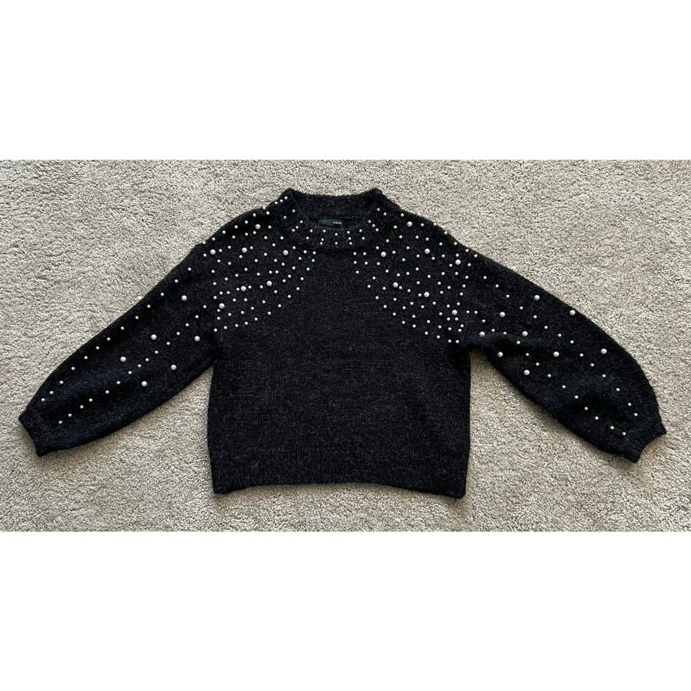 Aqua Sweater Dark Gray With Faux Pearl Elegant Women Size XS